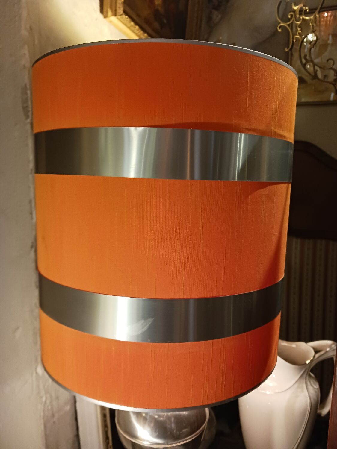 Chrome metal lamp 1970, vintage orange lampshade
