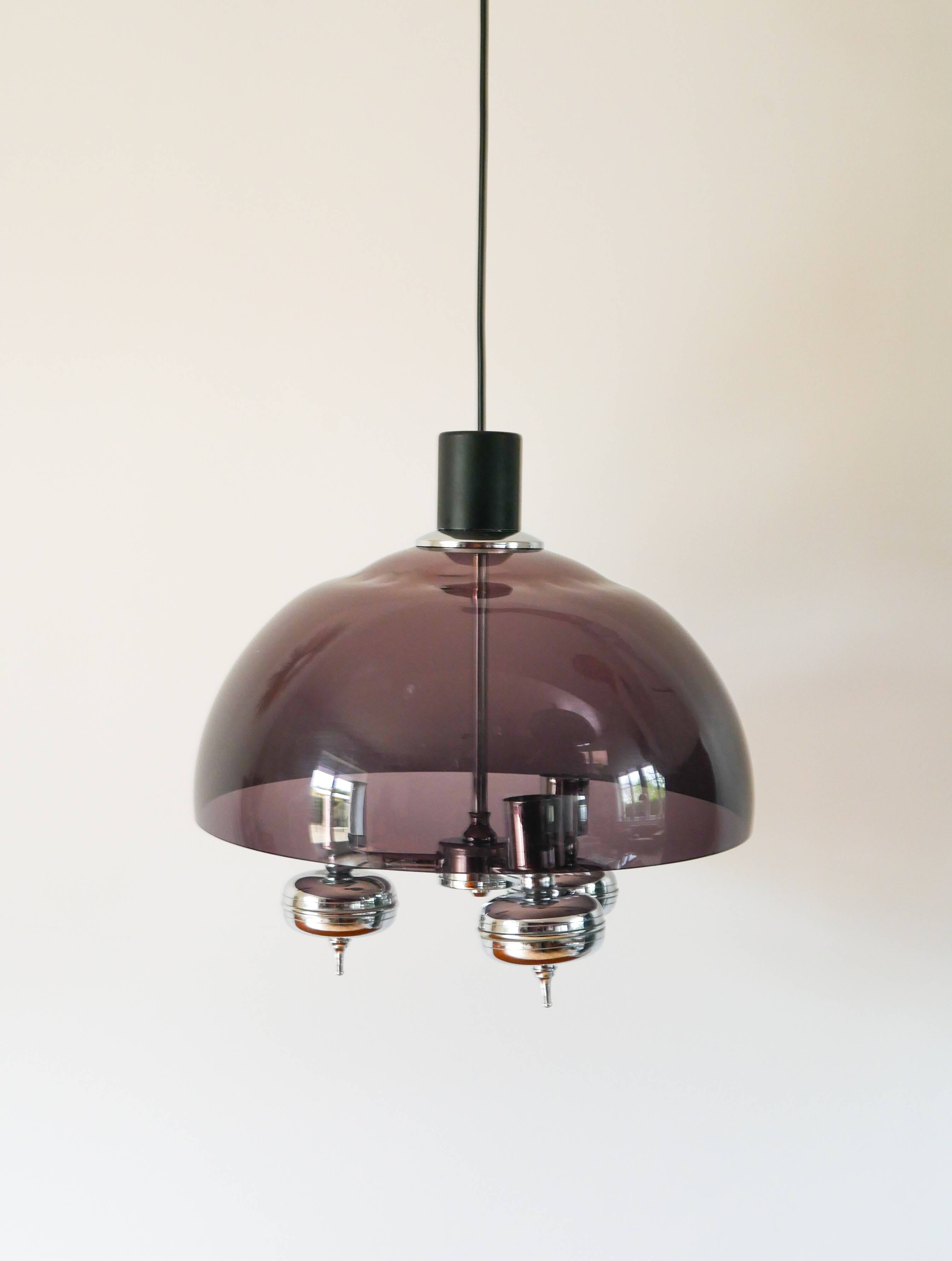 Three-branched chandelier in smoked plexi and chrome, Space Age, 1970