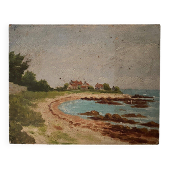 Huile sur carton paysage de bord de mer plage 1930