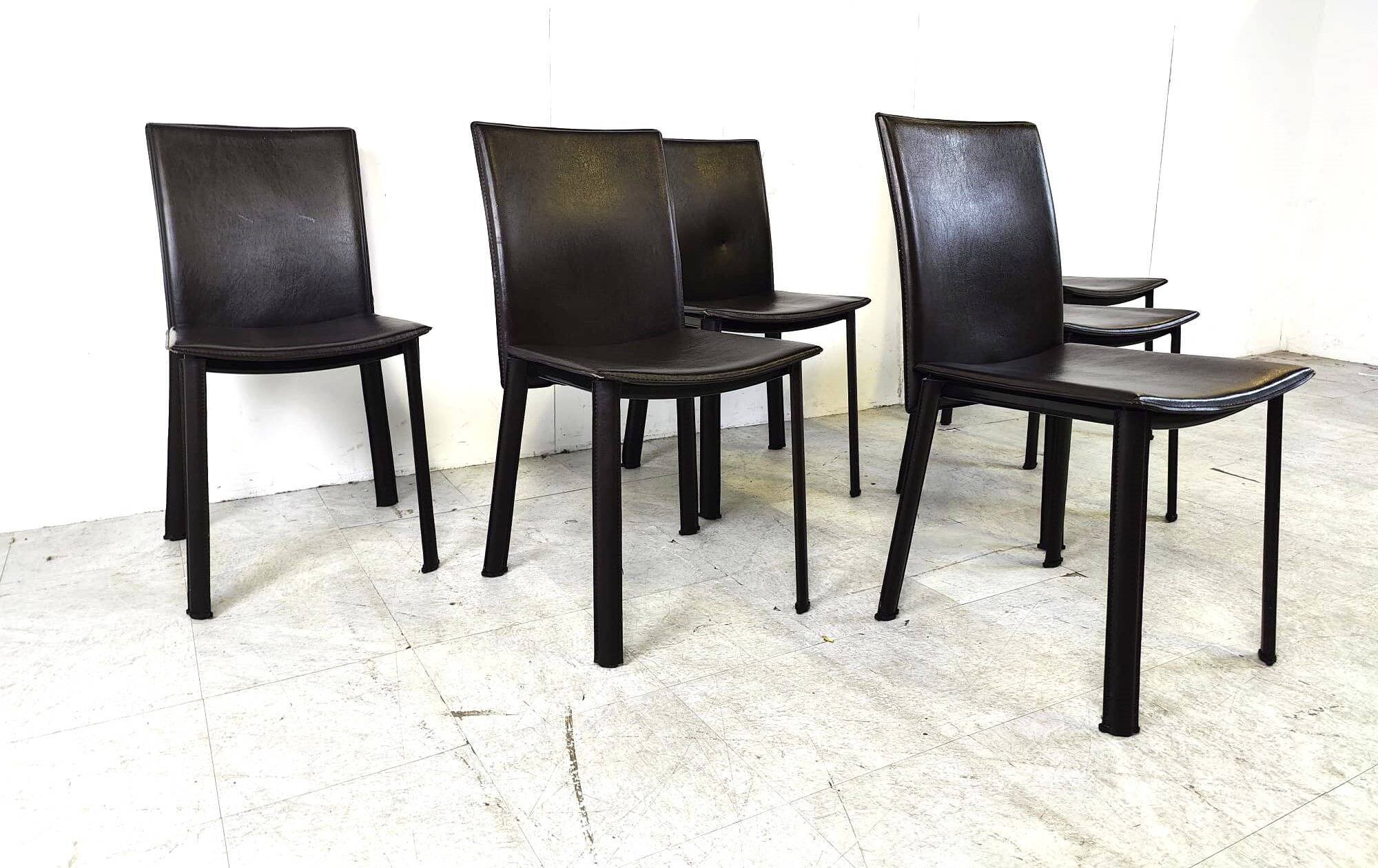 Vintage brown leather dining chairs, 1980s