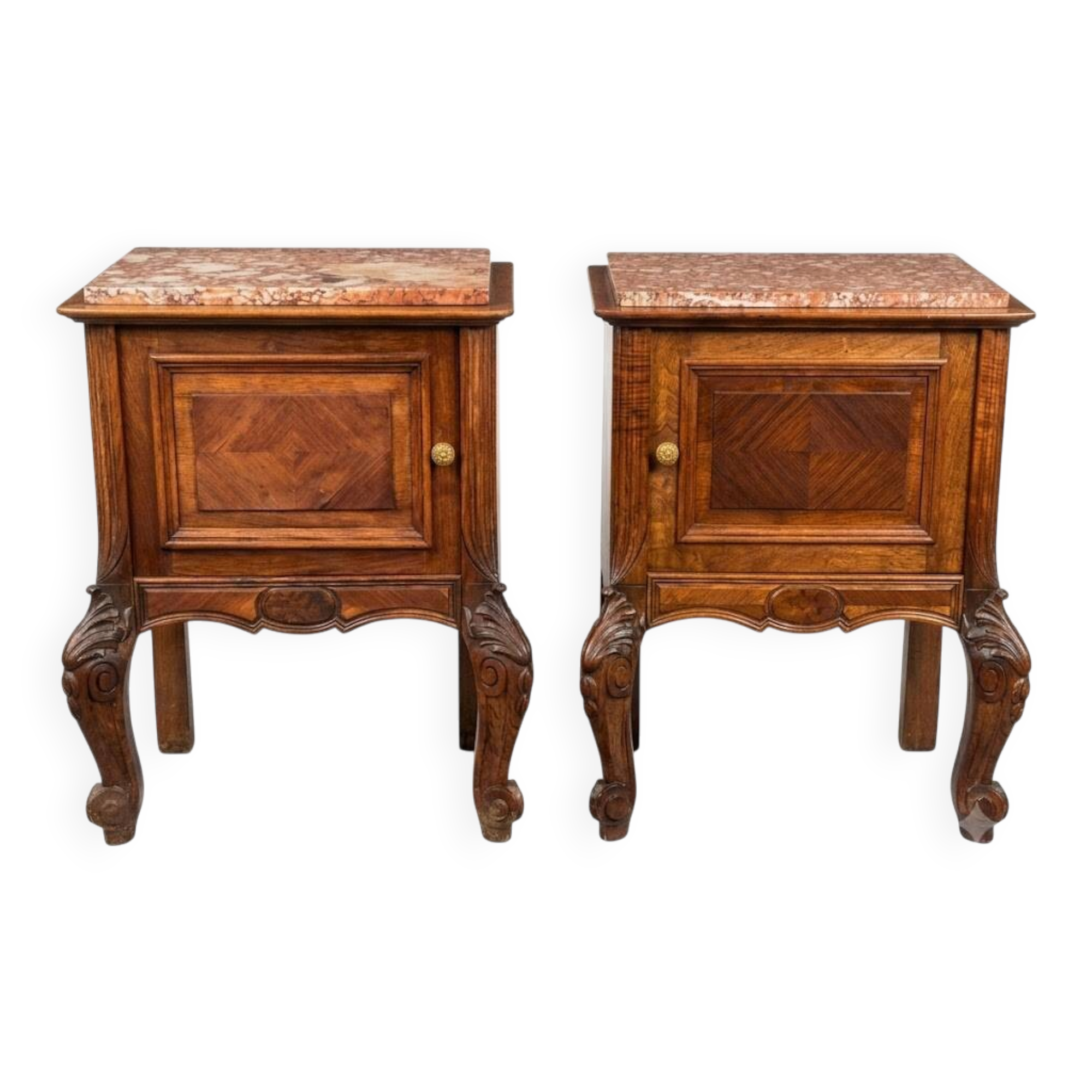 Pair of Louis XV style bedside tables with marquetry veneer, marble top, f
