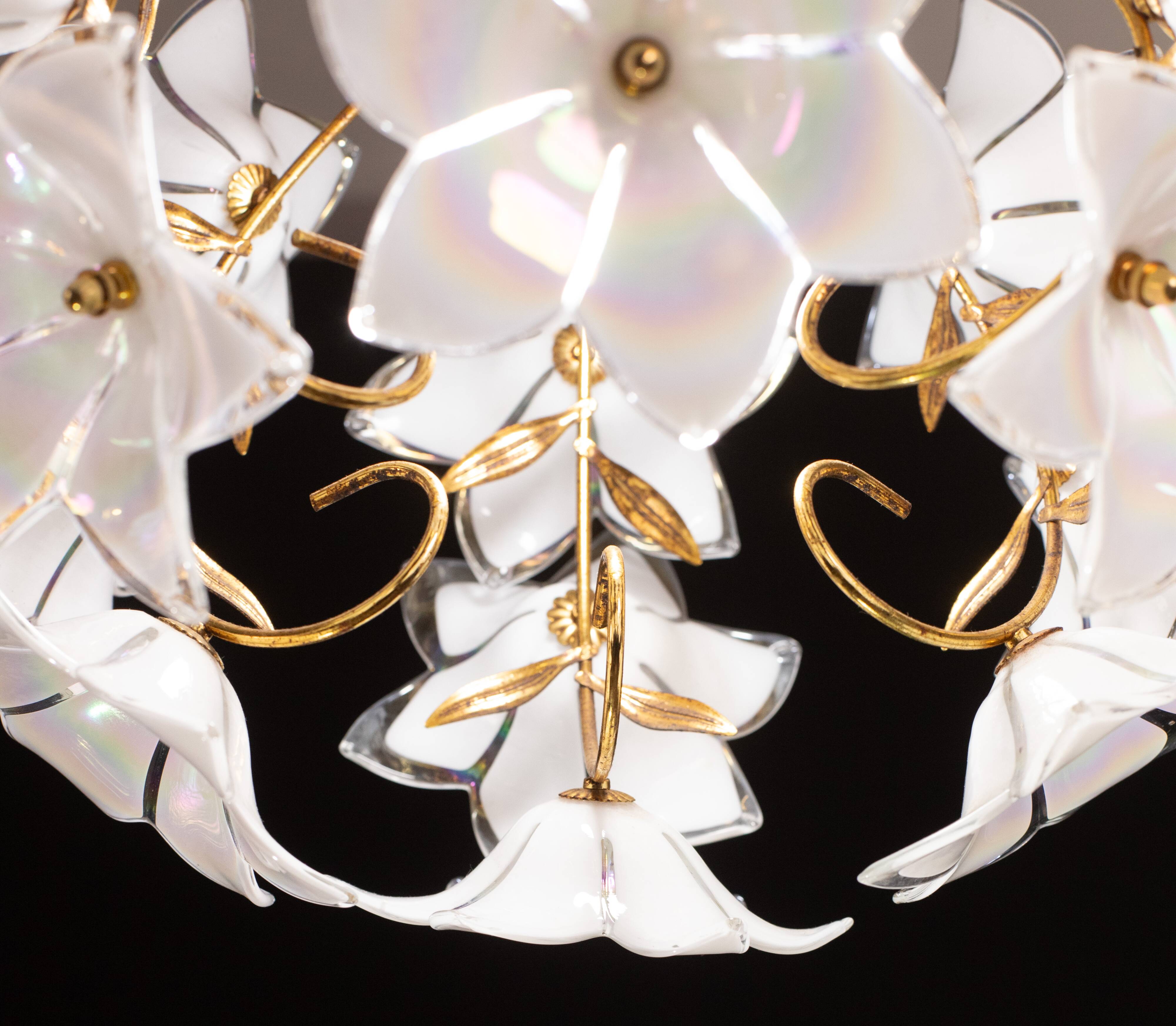 Set of 2 Murano Spherical Chandelier Full of White Flowers, 1980s