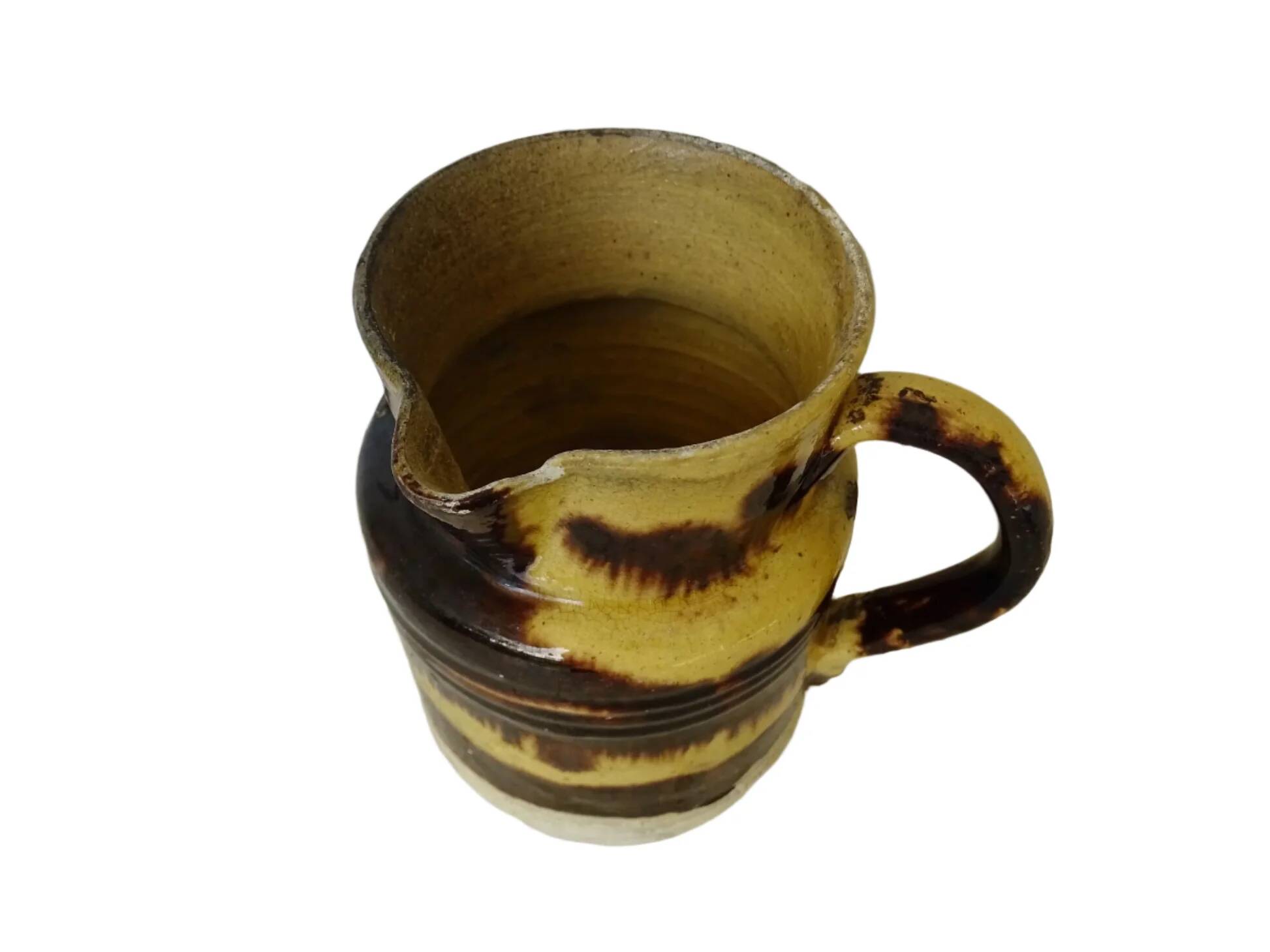 Cruche ancienne en faïence française de Dieulefit, à glace jaune