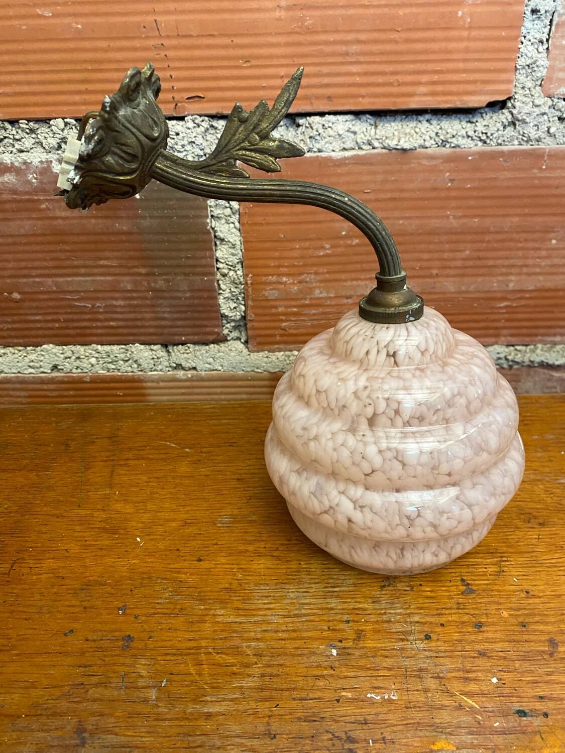 Antique Art Nouveau Gilt Bronze Wall Lamp + Vintage Pink Glass Ball