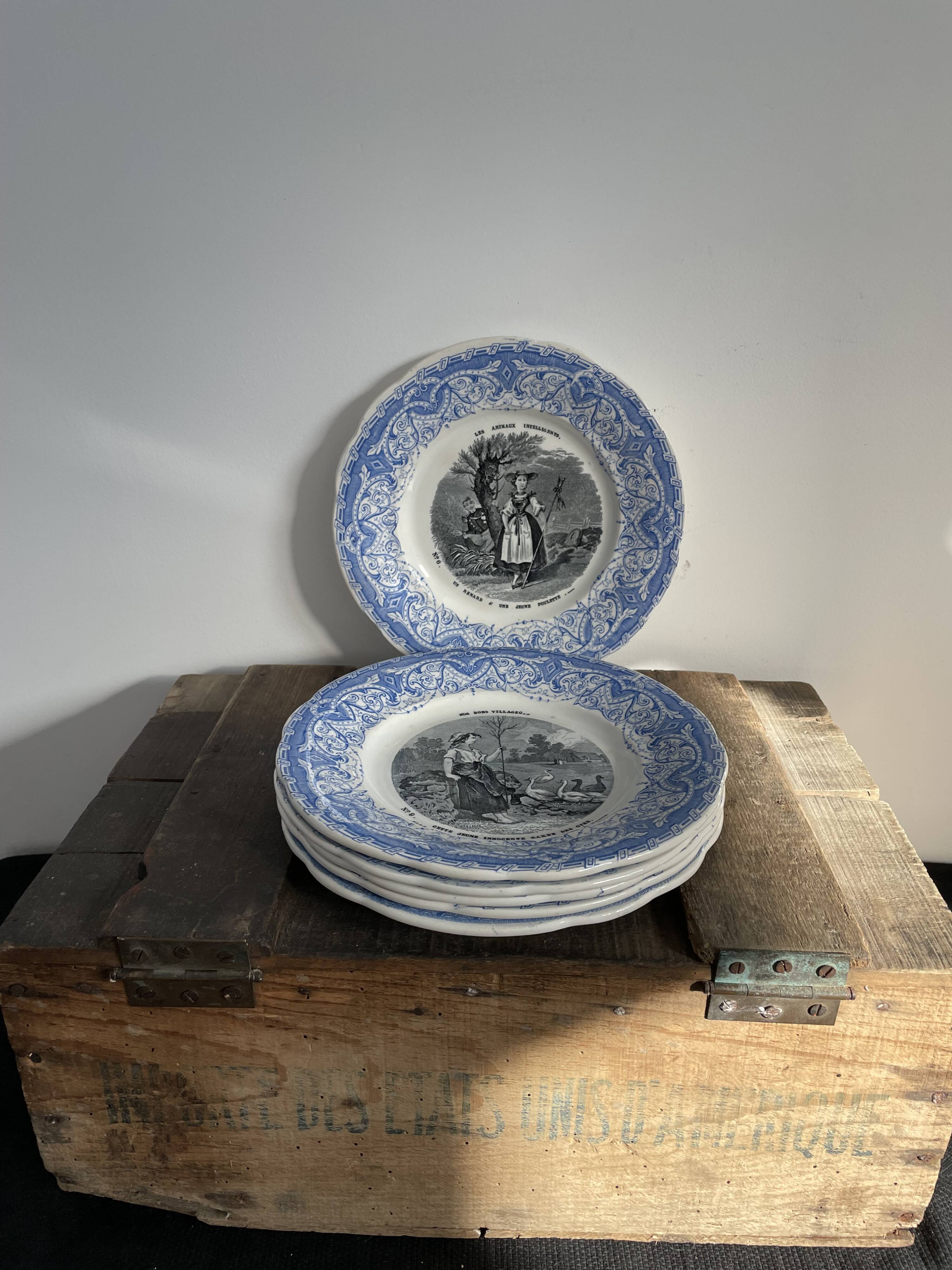 Set of 6 talking plates - creil and montereau France