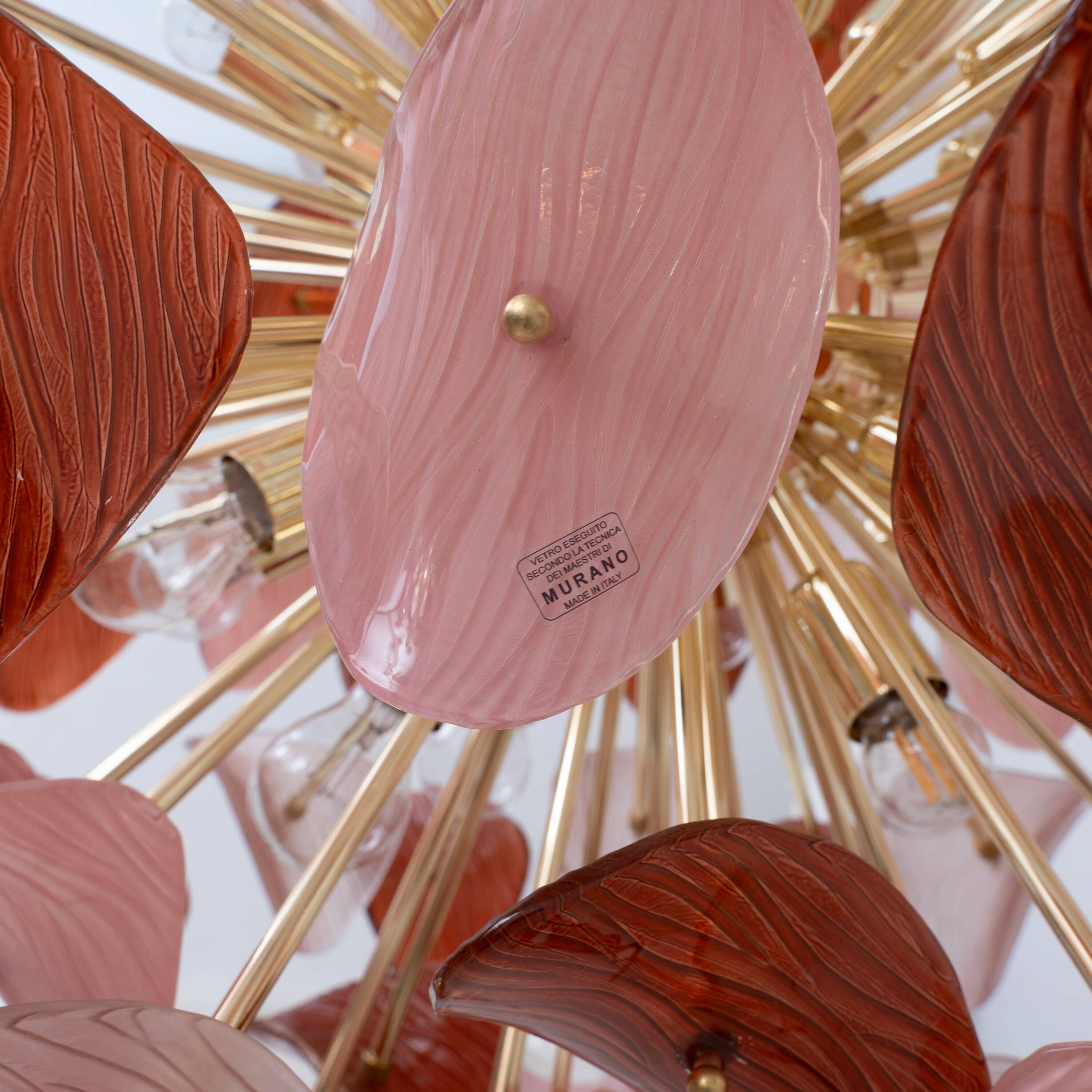 Italian Sputnik Chandelier in Pink and Ruby Murano Glass and Brass