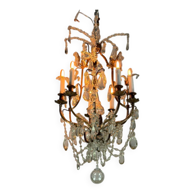 Lustre cage en bronze garni de pampilles de cristal, vers 1880