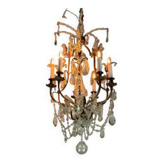 Bronze cage chandelier adorned with crystal drops, circa 1880
