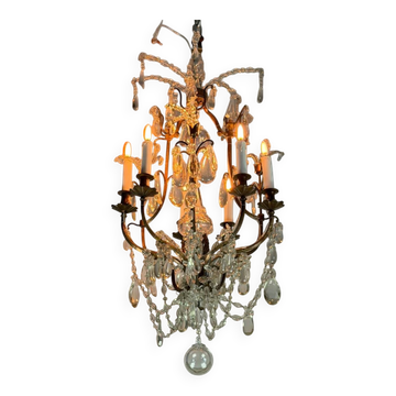 Bronze cage chandelier adorned with crystal drops, circa 1880