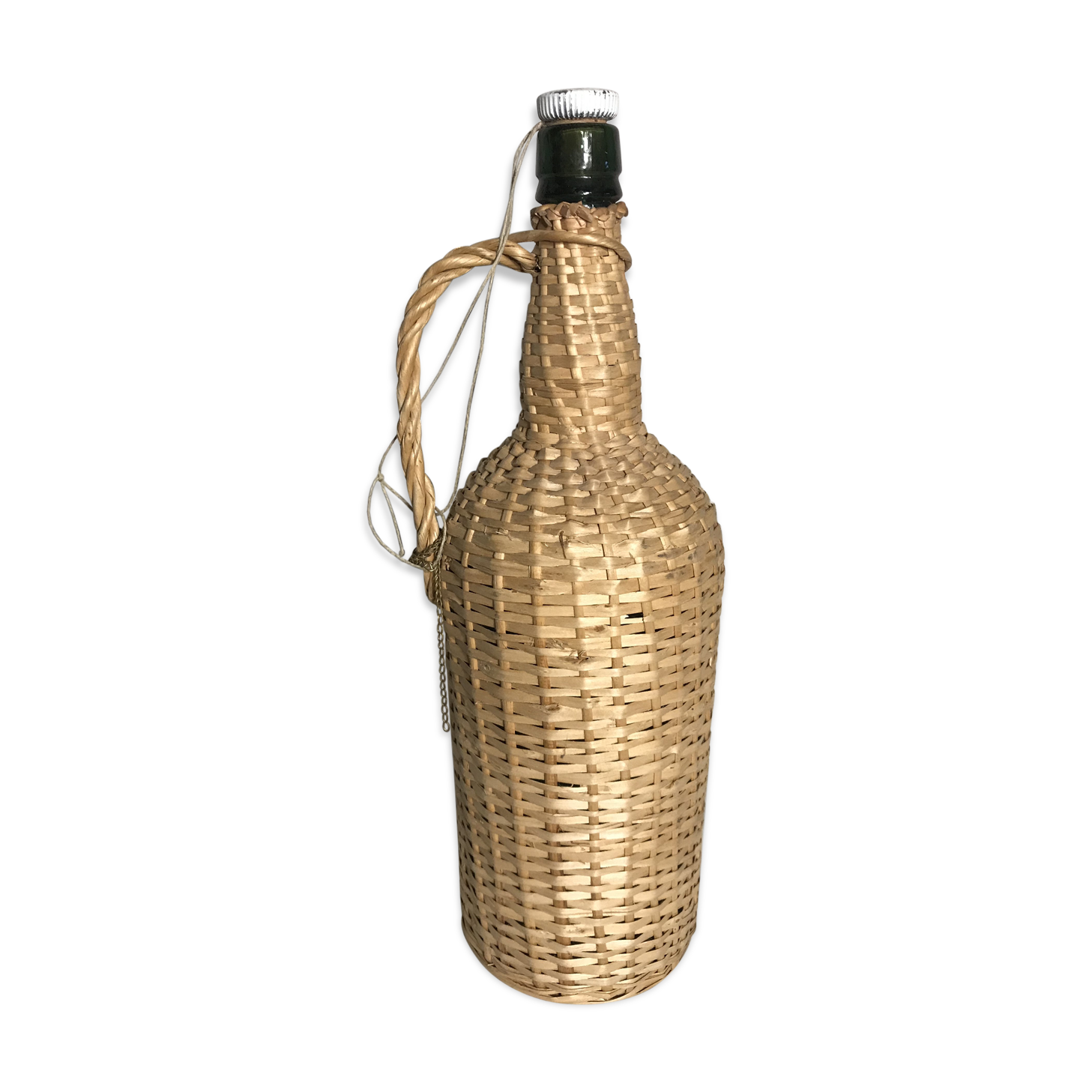 Demijohn bottle old woven wicker rattan + cove bottle vintage