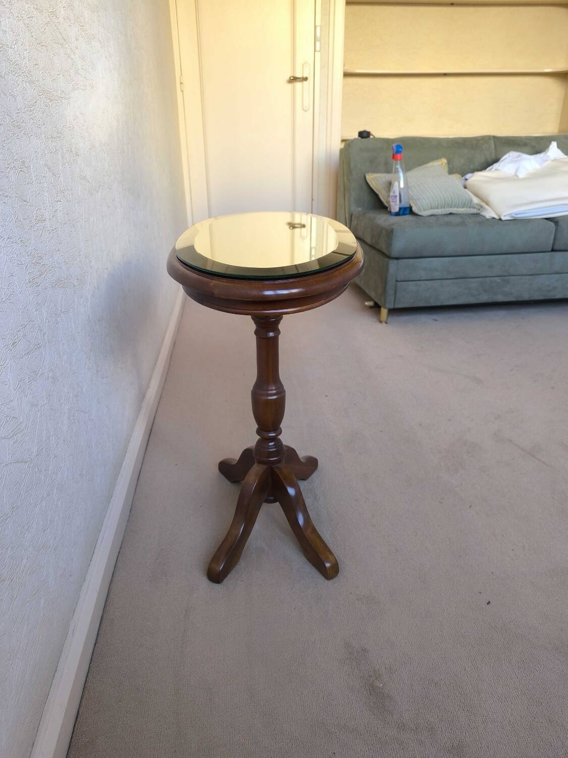 1950s Oval Pedestal Table with Beveled Mercury Mirror