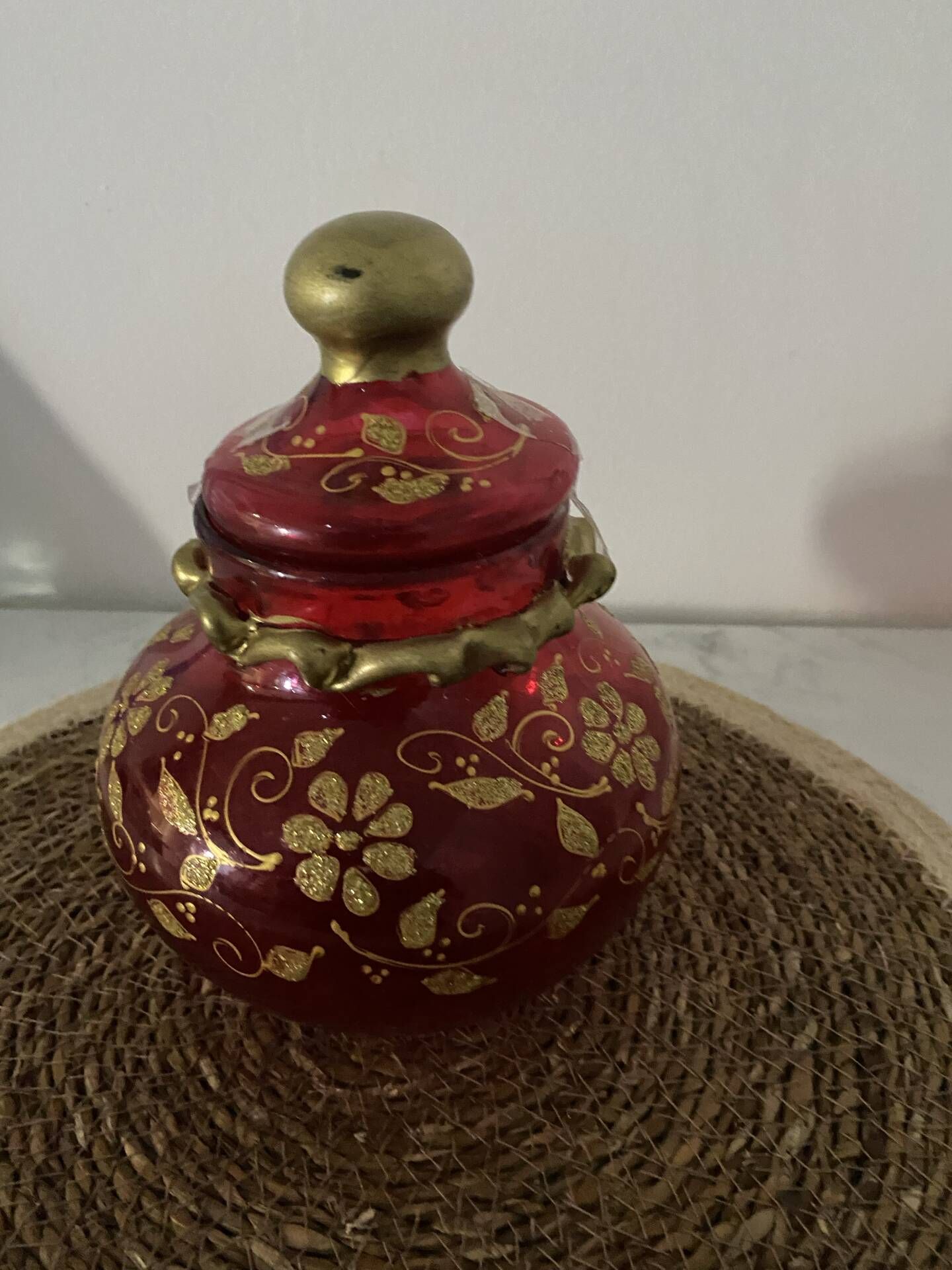 Antique ruby red glass sweet jar with floral gilding – Decorat