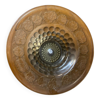 ART DECO FRUIT BOWL SMOKED GLASS PETUNIAS DECOR CHROME FOOT ROUND SHAPE