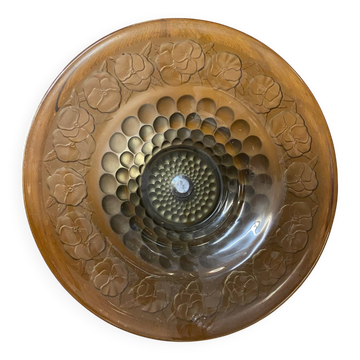 ART DECO FRUIT BOWL SMOKED GLASS PETUNIAS DECOR CHROME FOOT ROUND SHAPE