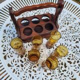 Service de 6 verres vintage ambrés avec porte-verres en bois