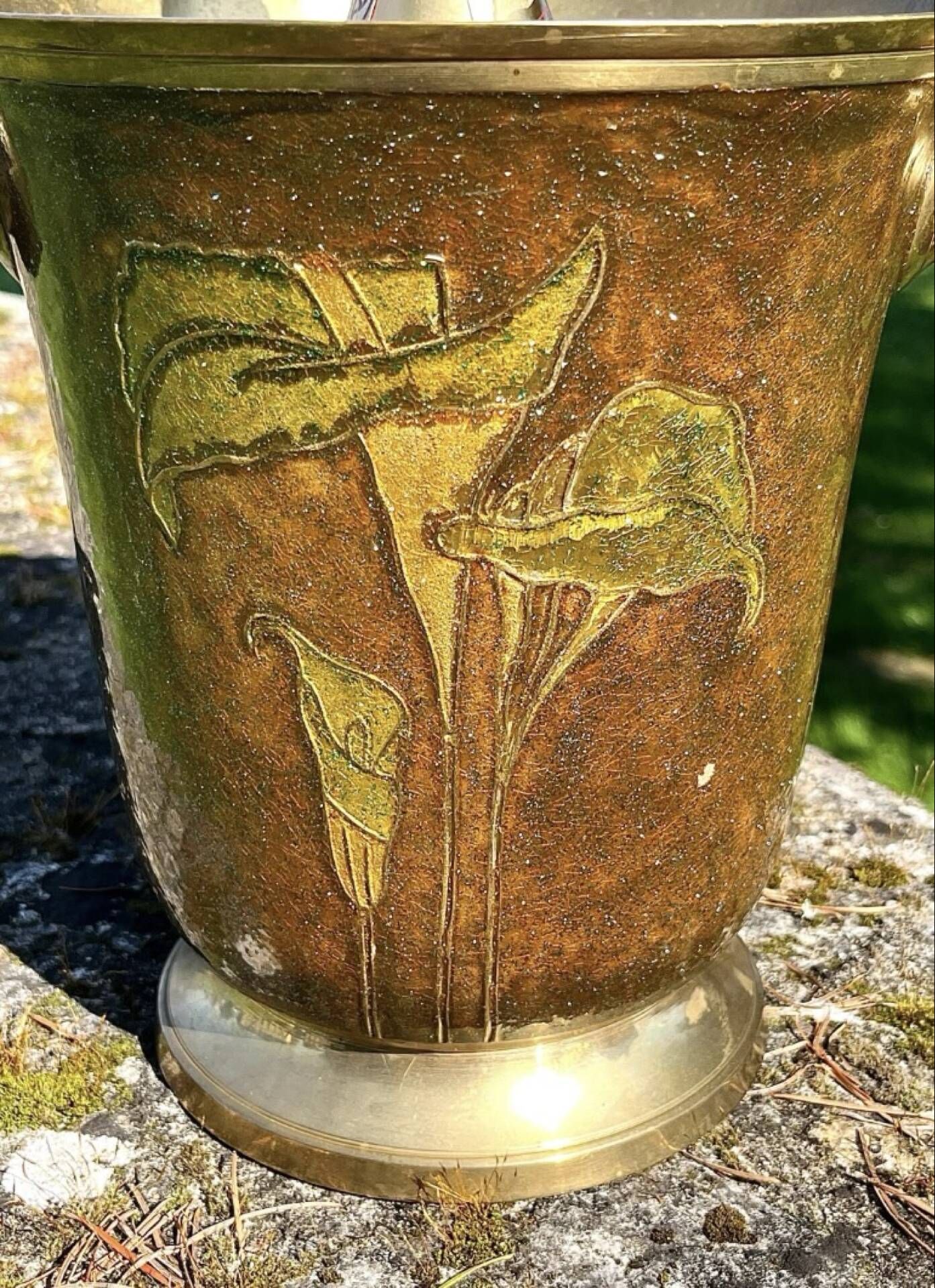 Brass Enamel Cloisonne cooler, French Floral Champagne Ice Bucket