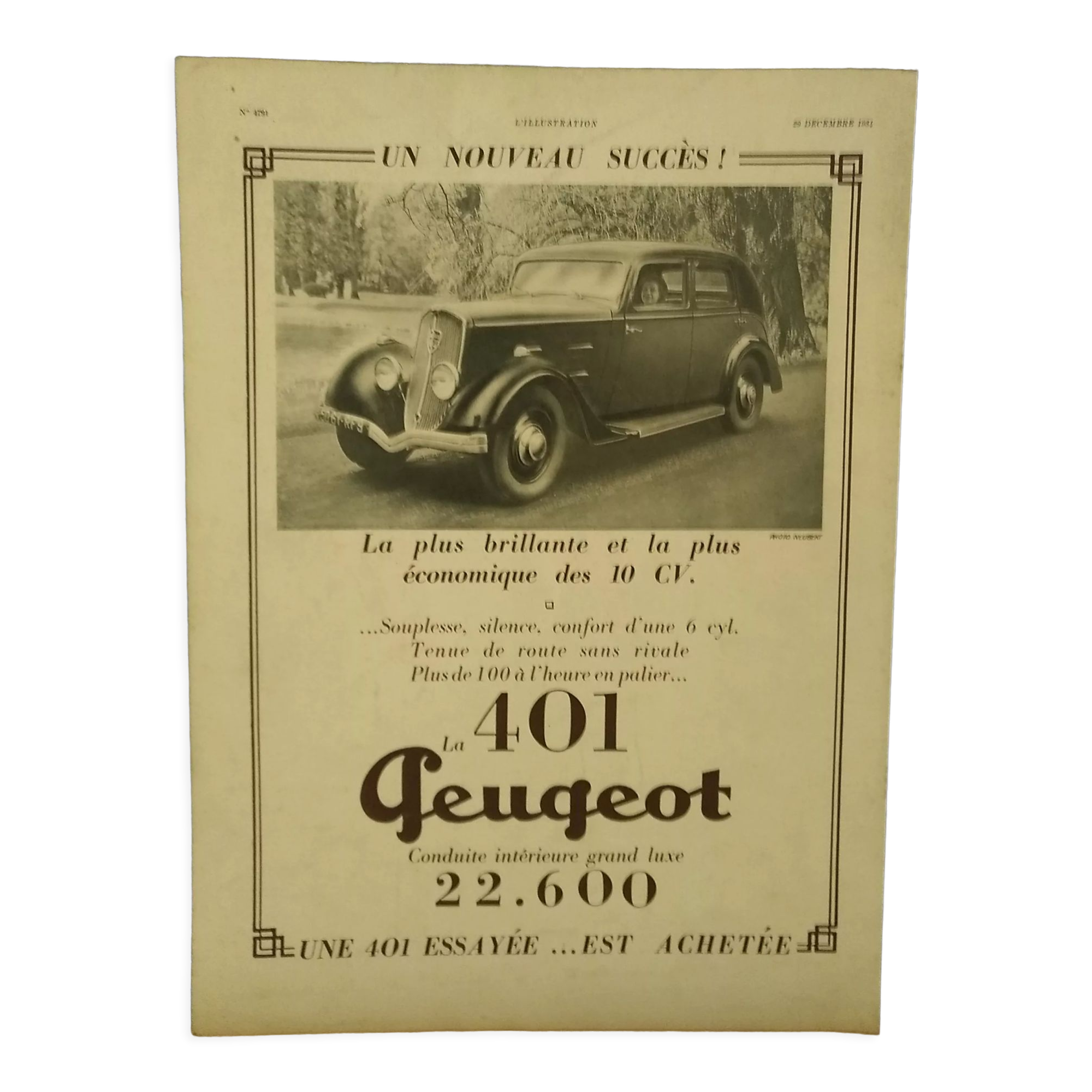 Car paper advertisement Peugeot the 401 issue revised 1934