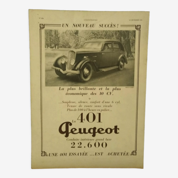 Publicité papier voiture Peugeot  la  401 issue  revue 1934