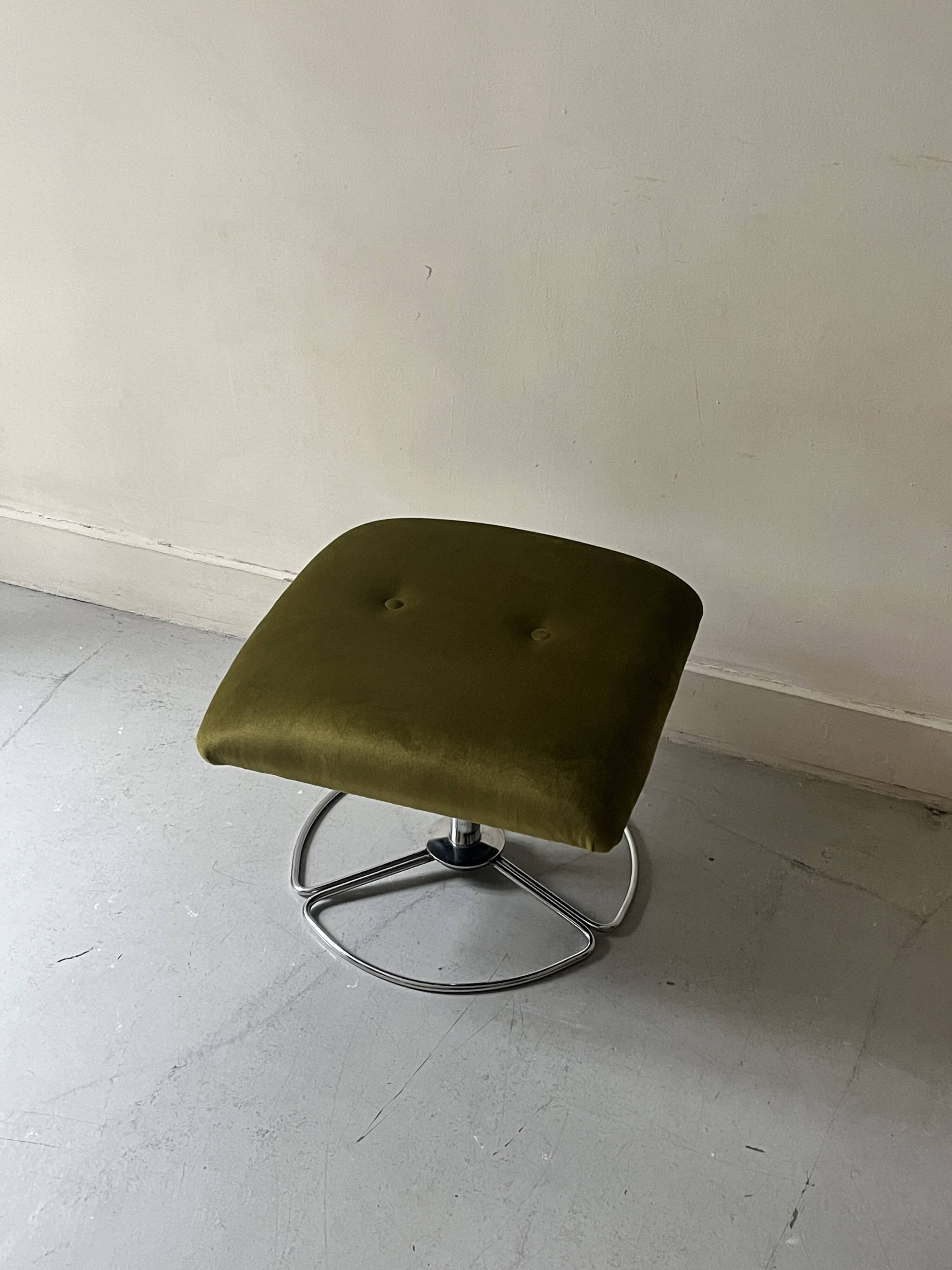Swivel tulip stool / footrest in khaki green velvet, 1970s design