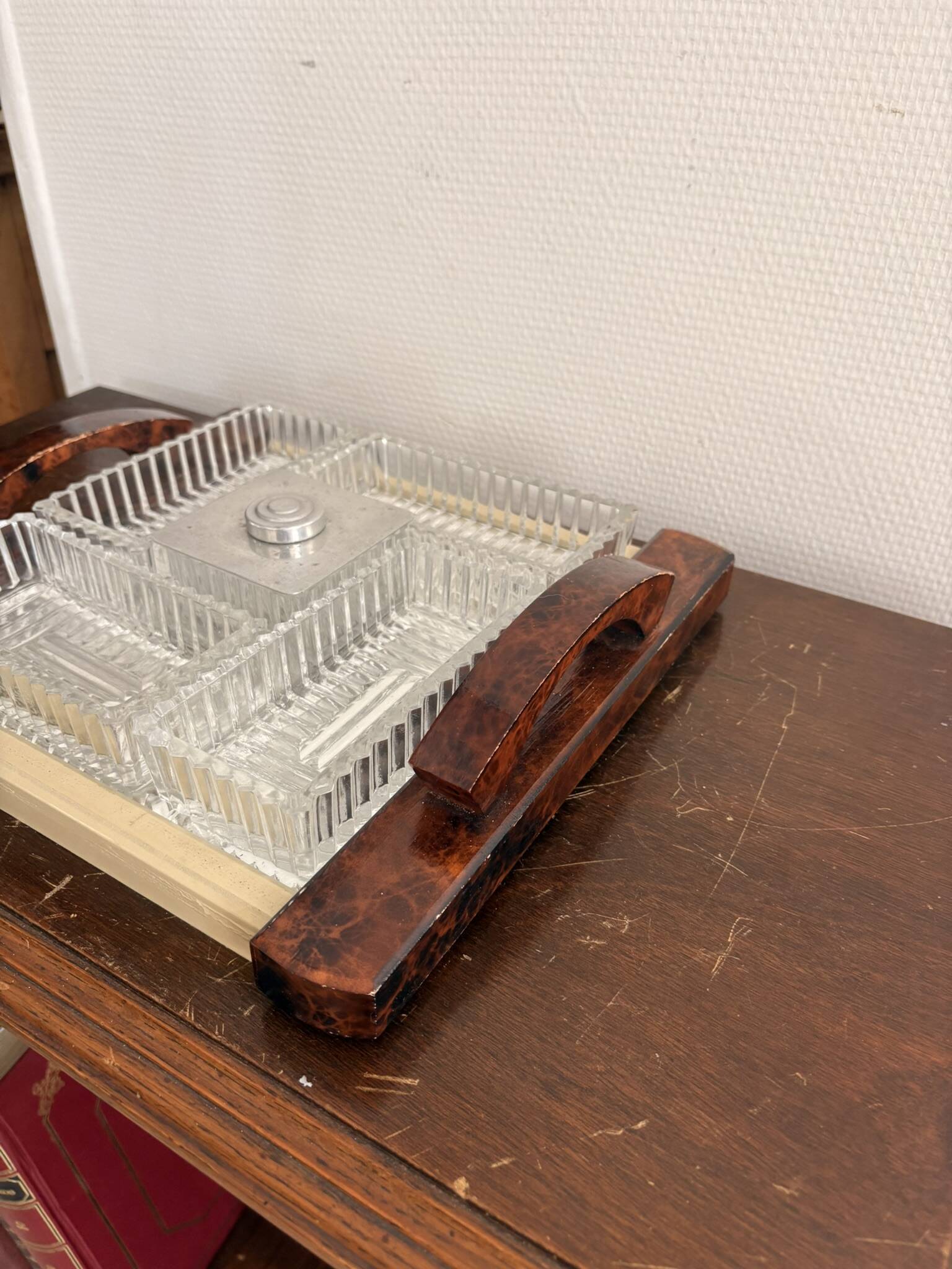 Vintage Serving Tray Aperitif Handle Thuya Walnut Art Deco Mirror Platter