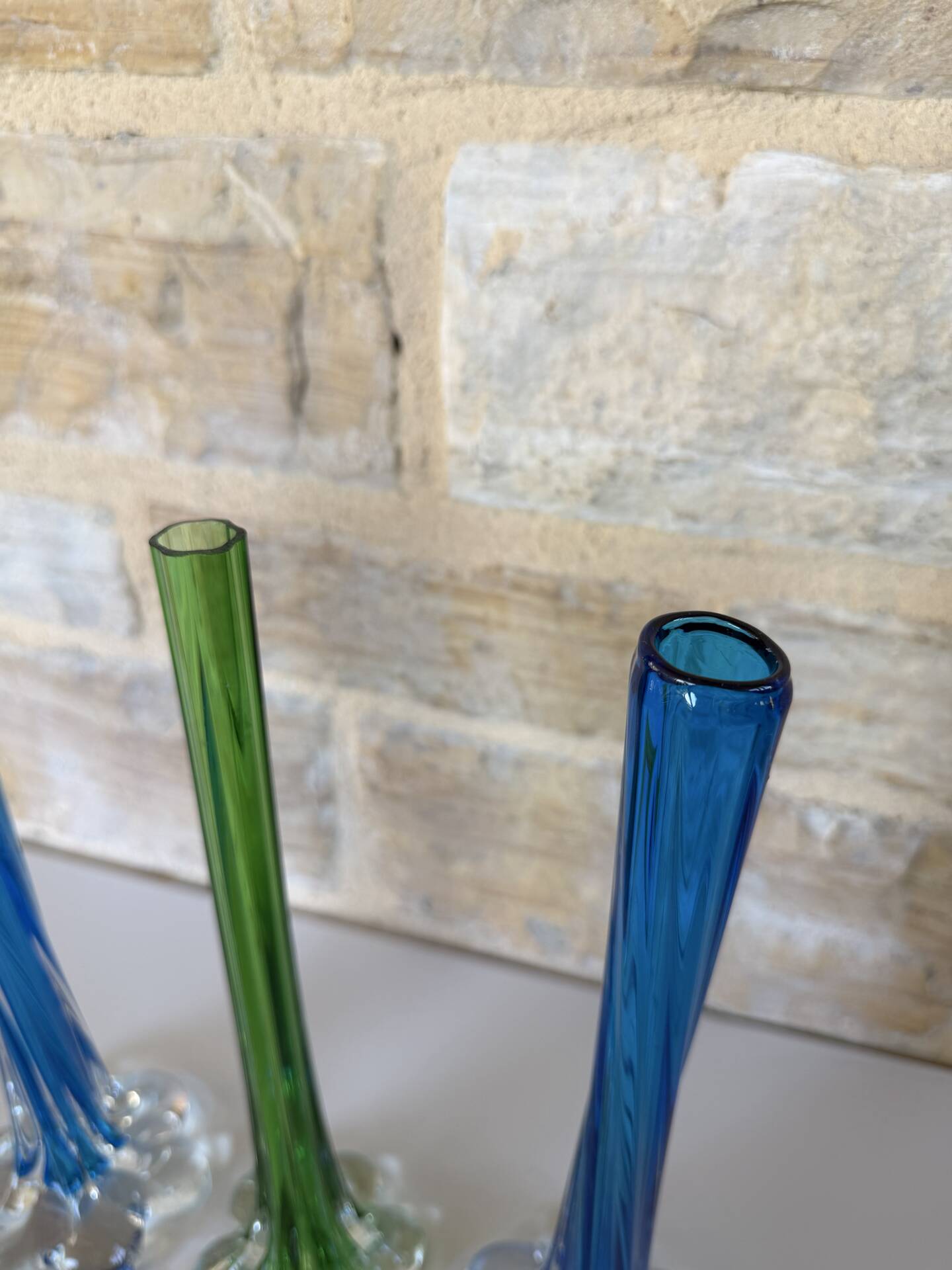 Trio de soliflore vase Murano vintage – verre soufflé bleu & vert – It