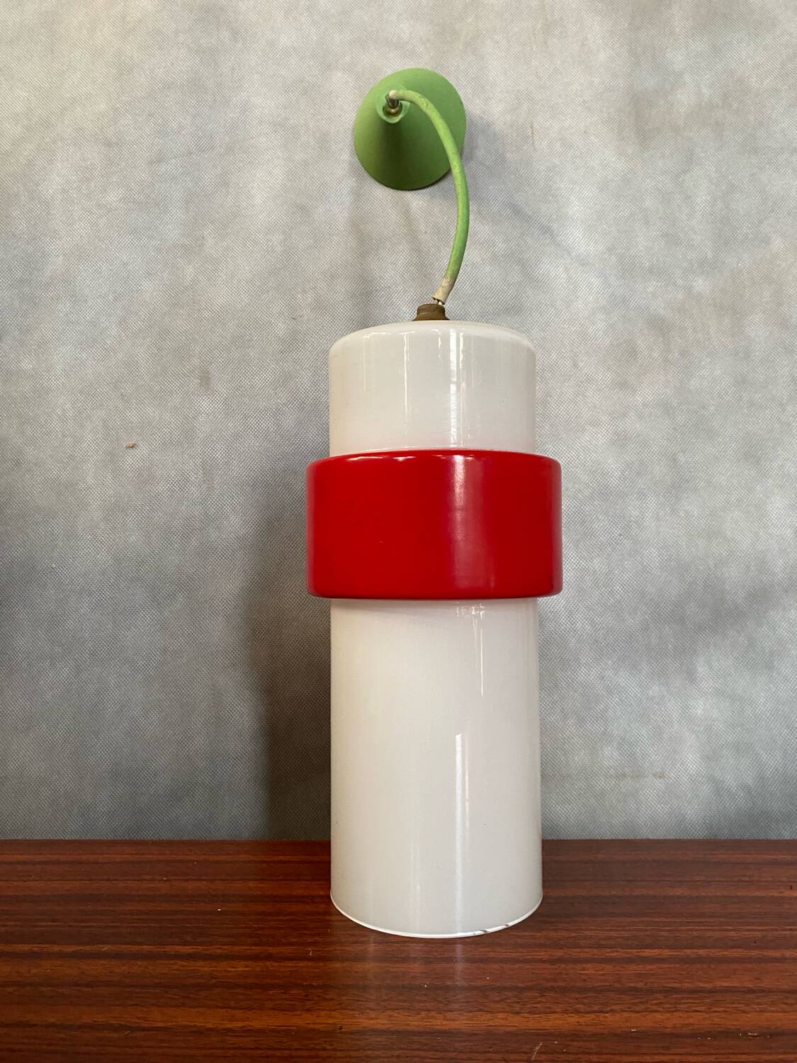 Old Opaline Pendant Light White & Red 70s Vintage