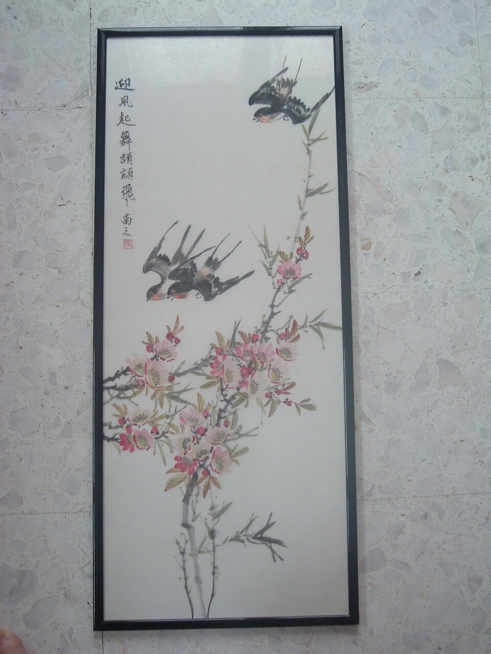 Framed chinese painting on silk, swallows flying on cherry blossoms, south china xx°