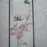 Framed chinese painting on silk, swallows flying on cherry blossoms, south china xx°