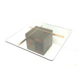 Italian design coffee table by Artedi with natural stone base and glass top
