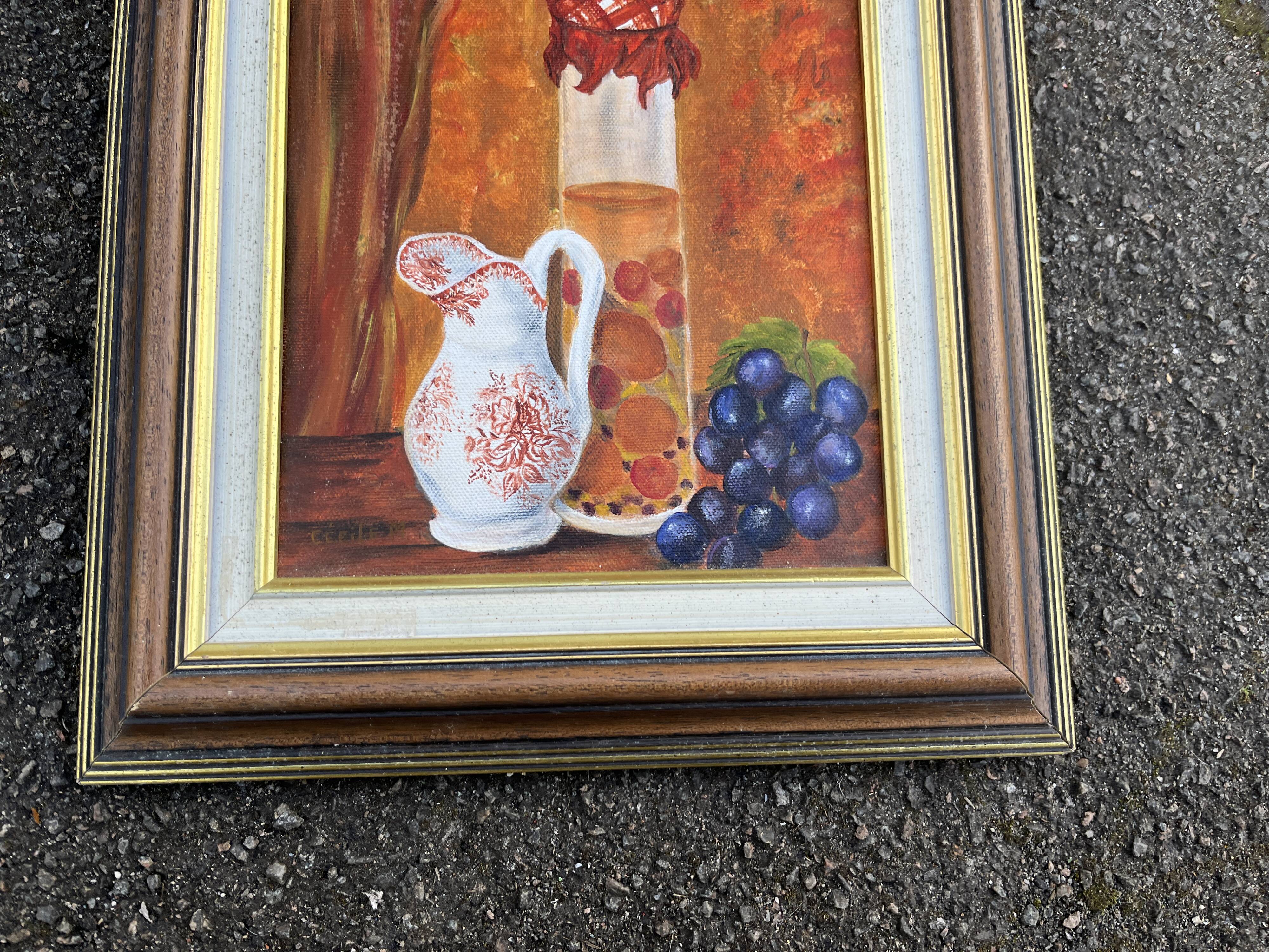 Still life with jam jar, flowered jug and grapes – Signed oil