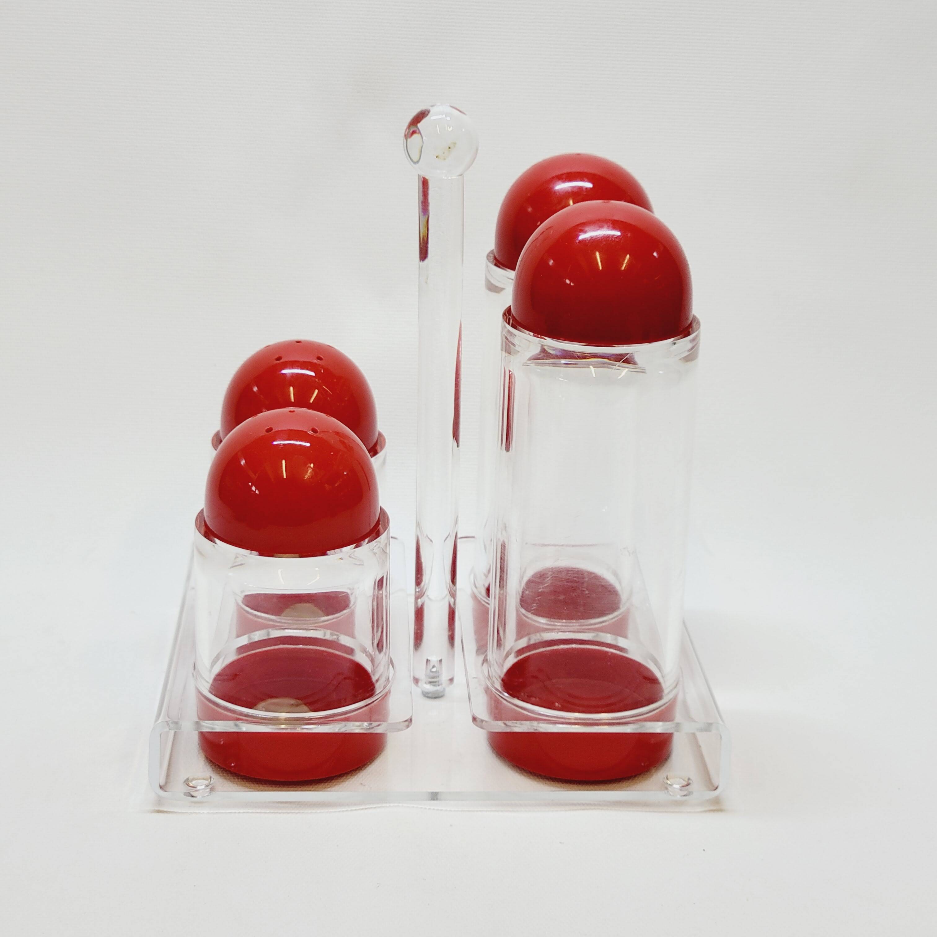 Condiment service oil vinegar salt pepper vintage plexi and red plastic