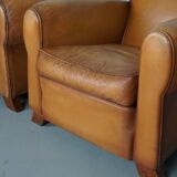 Pair of French Cognac Moustache Back Leather Club Chairs, 1950s
