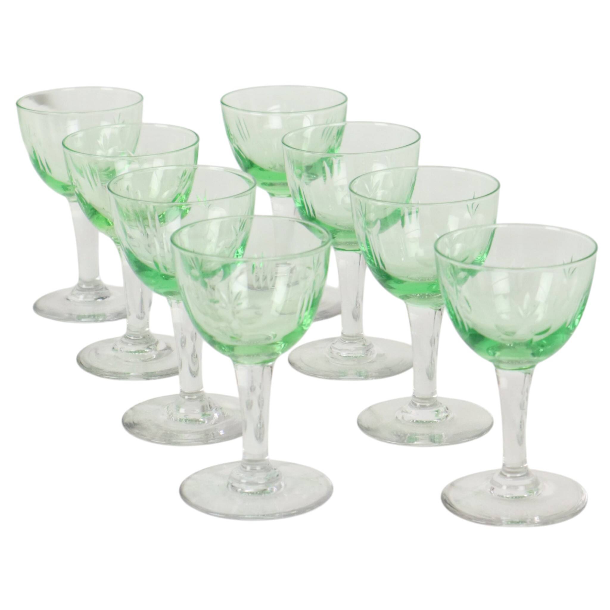 Set of 8 Val Saint Lambert Uranium Glass Aperitif Glasses