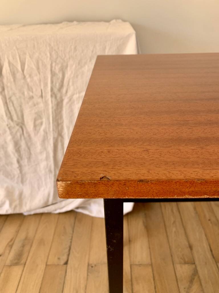 lacquered wood desk and black steel legs design from the 60s and 70s