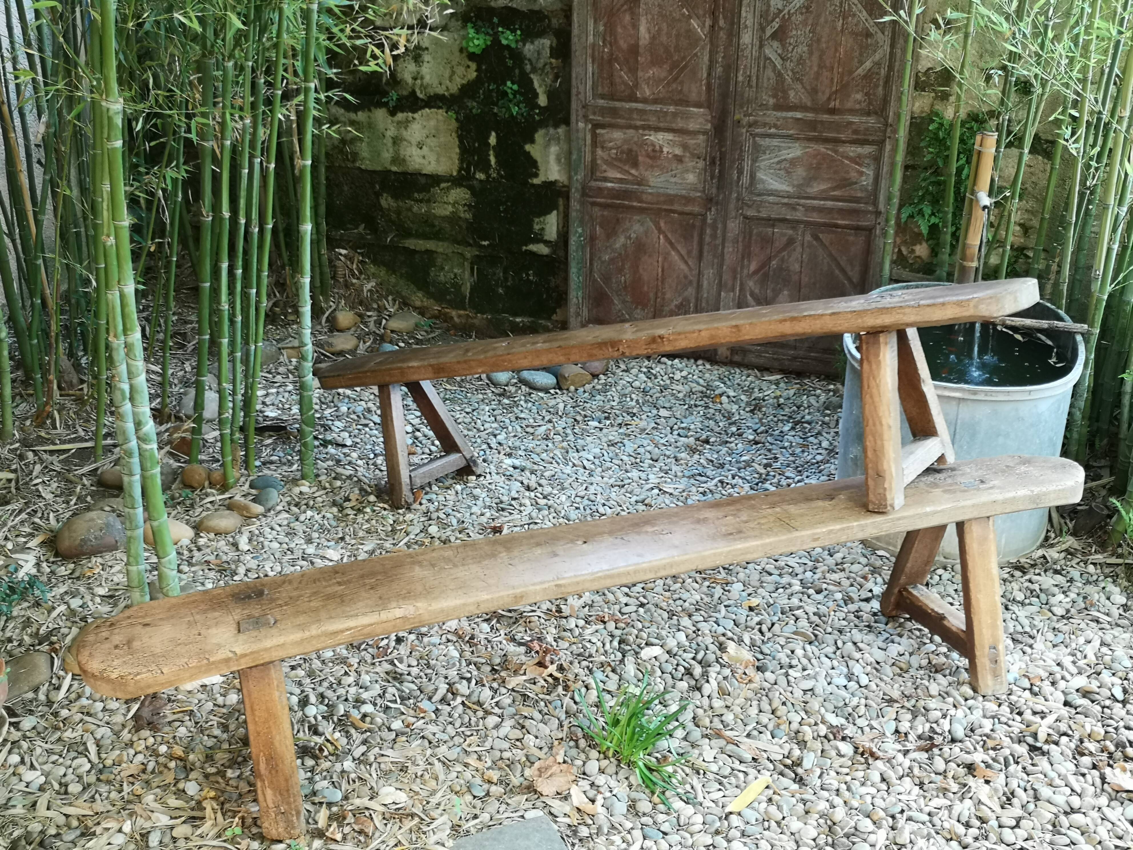 Paire de bancs de campagne en bois brut 18ème siècle