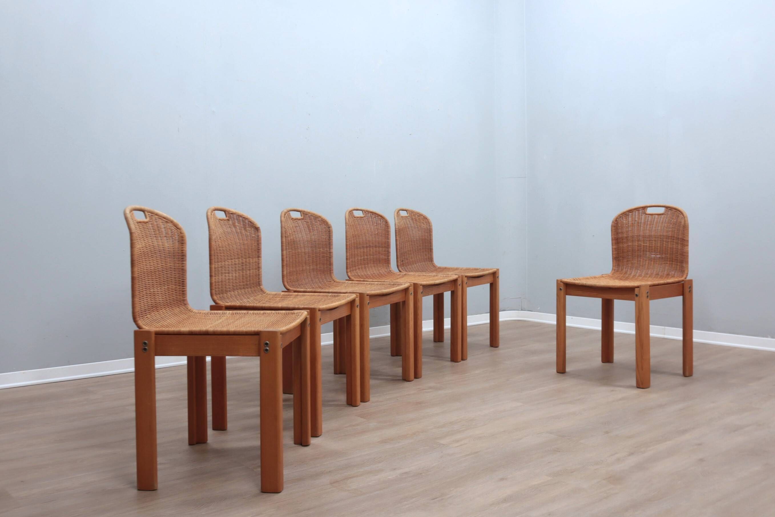 Chaises courbées en osier et bois années 1970, lot de 6