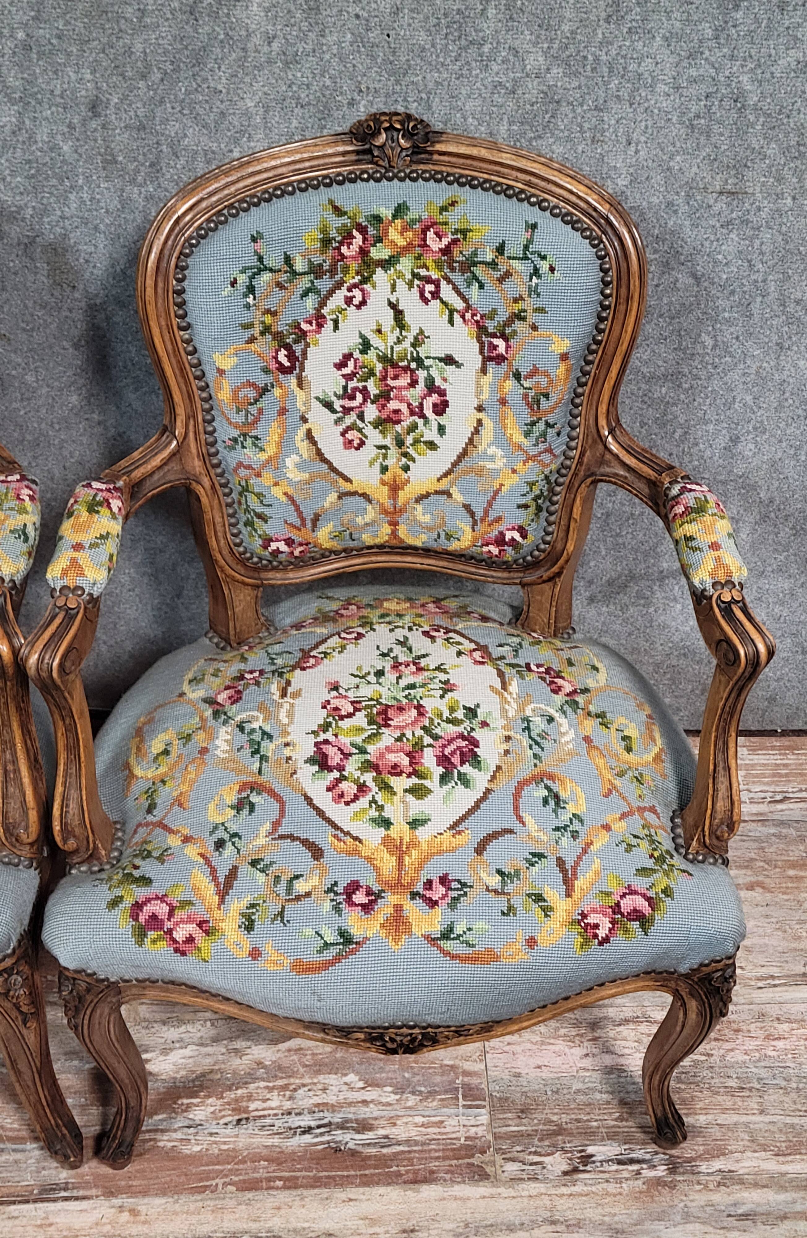 Pair of Louis XV style cabriolet armchairs in walnut