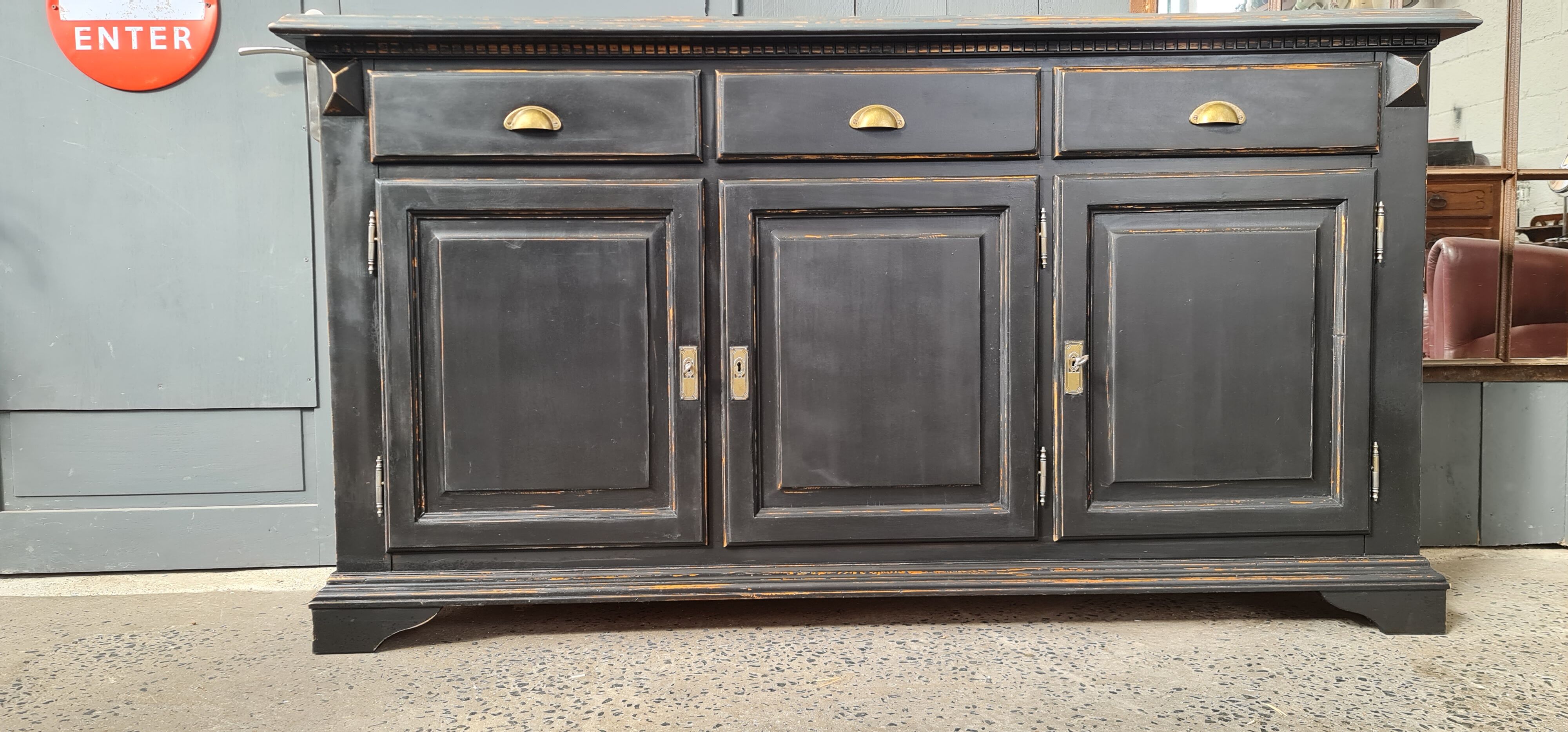Three-door cabinet three drawers patina black