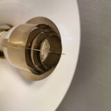 Copper hanging lamp with brass colored top and white inside lacquer.