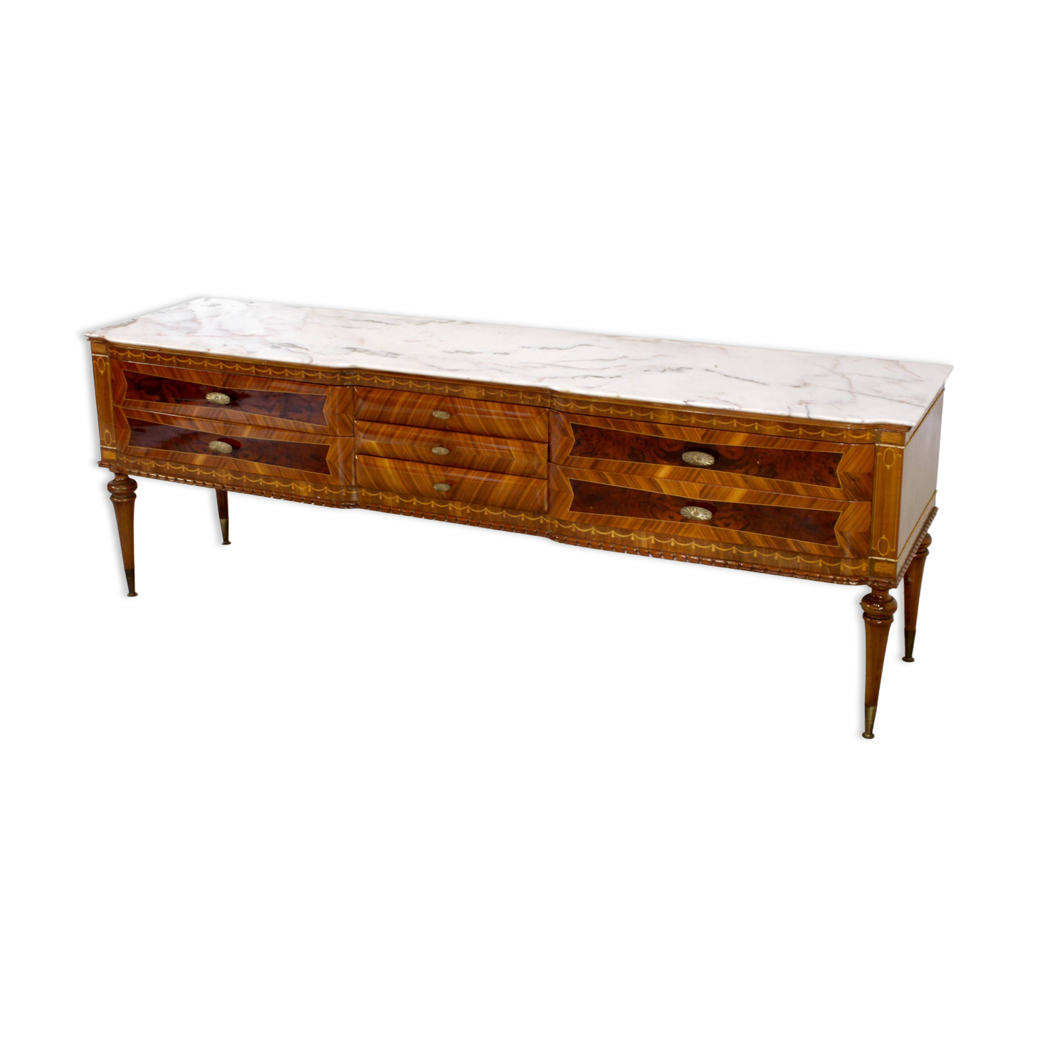 Buffet italien en noyer, marbre de Carrare et laiton, années 1950