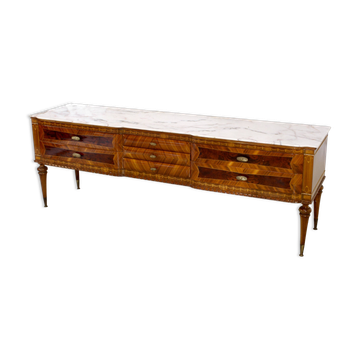 Buffet italien en noyer, marbre de Carrare et laiton, années 1950