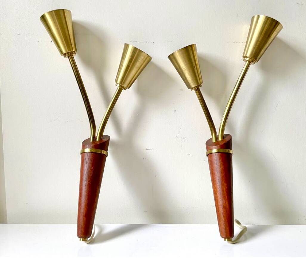Pair of Scandinavian Midcentury wall lights sconces Brass & teak wood