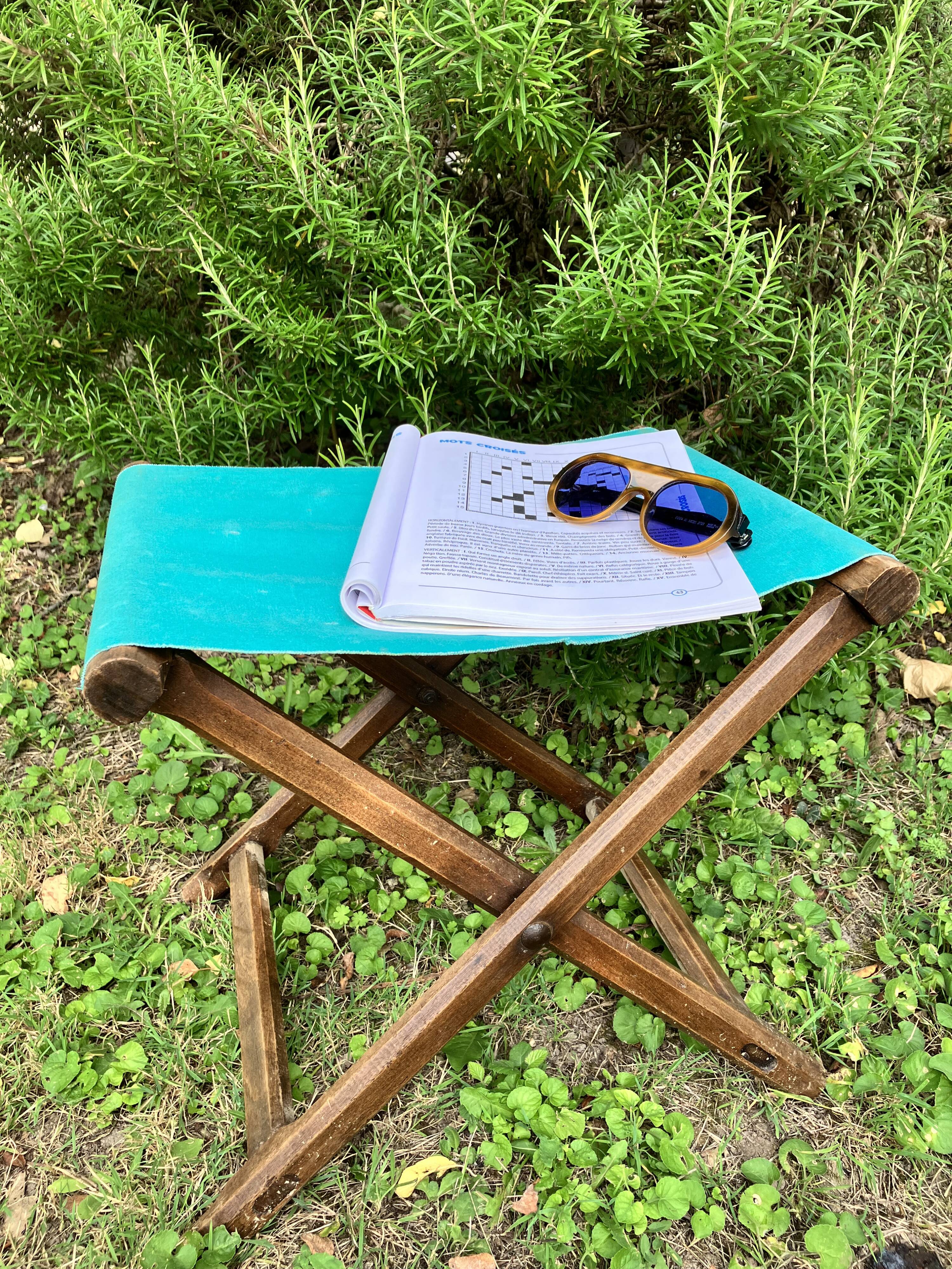 Folding stool, wood and canvas seat