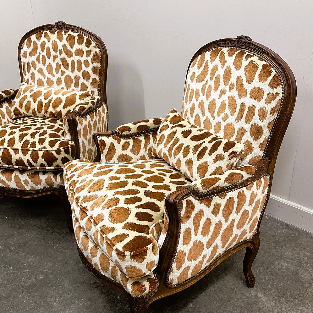 Pair of Louis XV style armchairs in giraffe velvet upholstery, France, 1950s