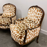 Pair of Louis XV style armchairs in giraffe velvet upholstery, France, 1950s