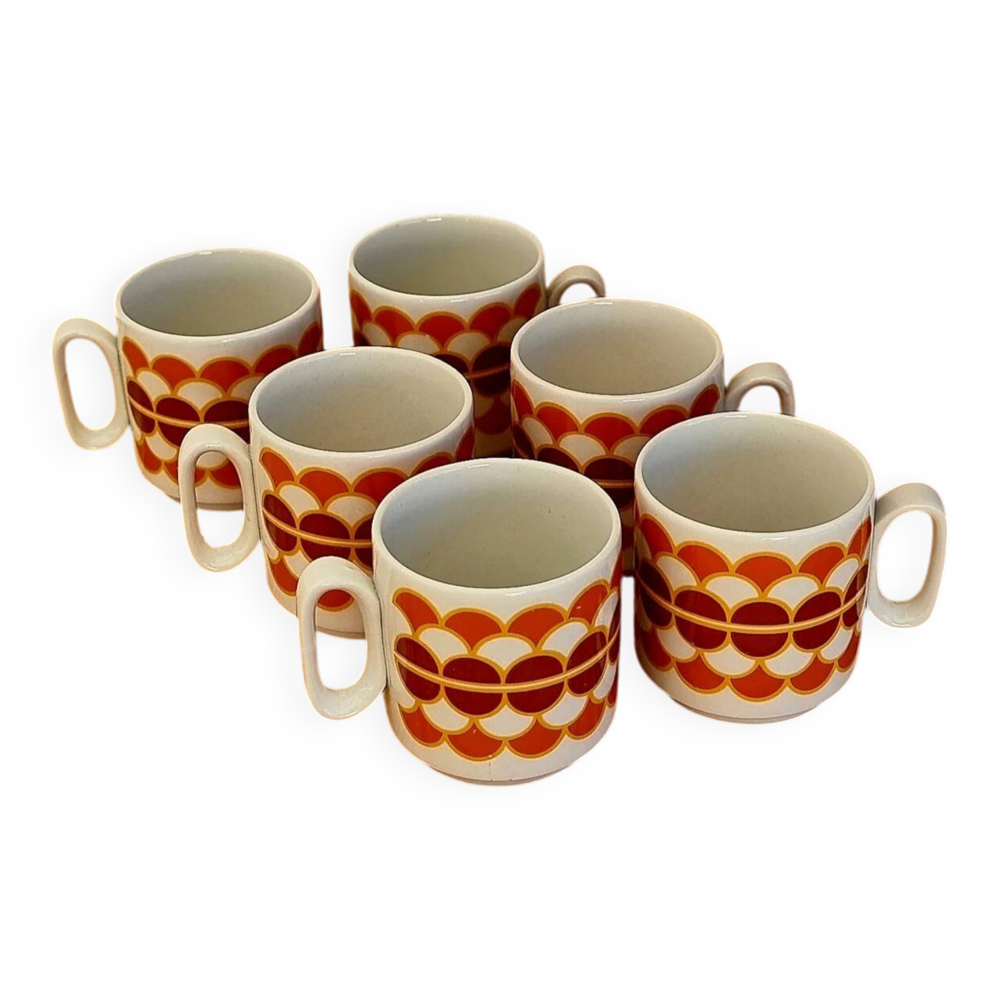 Set of 6 vintage ADP porcelain cups with orange decoration from the 1970s.