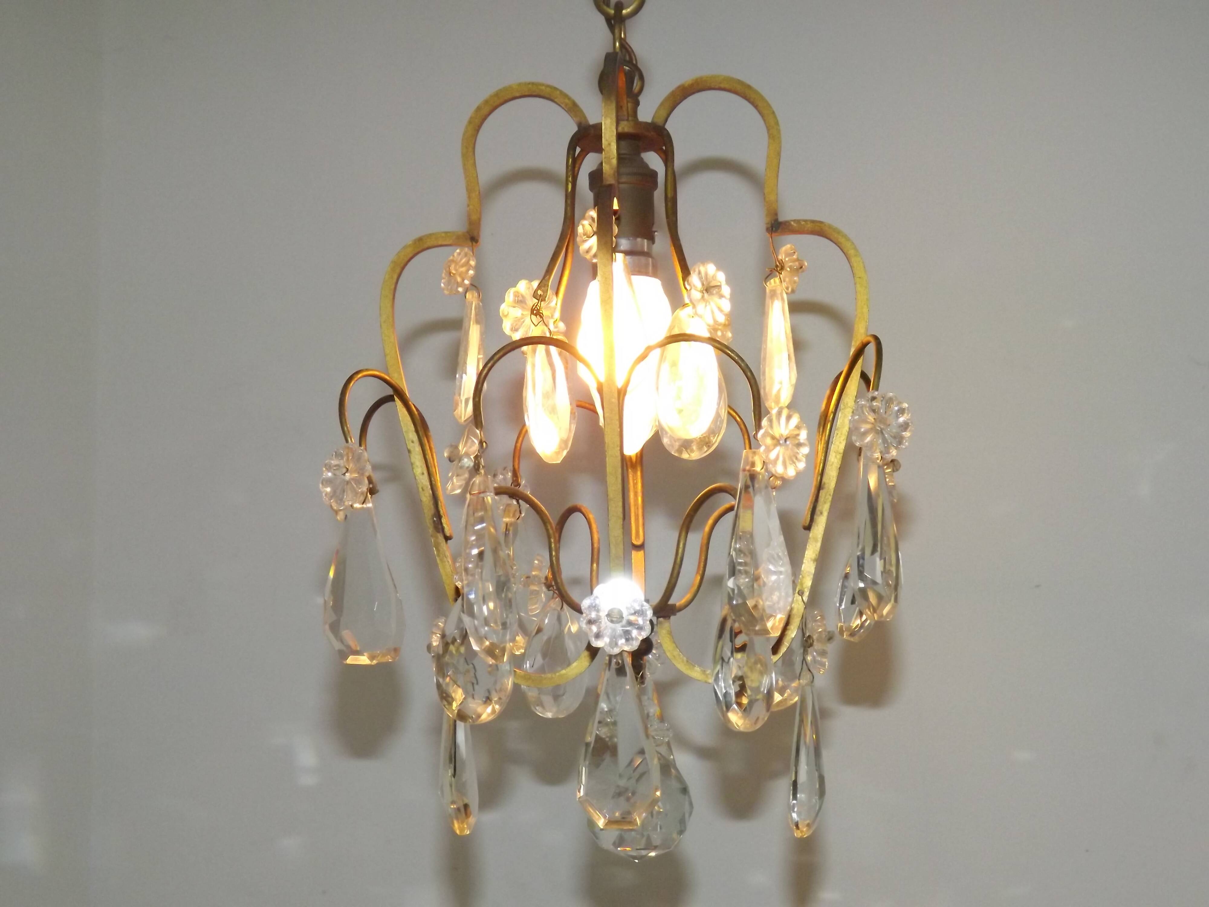 Small French Vintage Brass Single Light 4-Sided Crystal Cage Chandelier