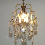 Small French Vintage Brass Single Light 4-Sided Crystal Cage Chandelier