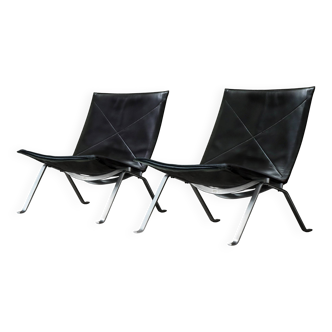 Black Leather Vintage Poul Kjaerholm PK22s for E. Kold Christensen 1960s