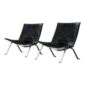 Black Leather Vintage Poul Kjaerholm PK22s for E. Kold Christensen 1960s